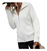 Stickad tröja jacka nedfälld krage enfärgad dragkedja drop shoulder dam stickad tröja för dejting beige M