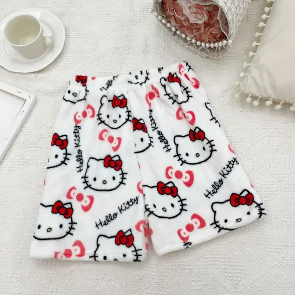 Sanrio Hello Kitty Anime Y2k Kawaii Flanellpyjamas Dam Varm Ull Cartoon Casual Hemmabyxor Höst Vinter Modebyxor