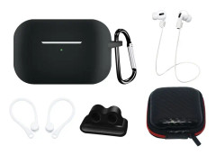 Silicone Case Set for AirPods Pro 2 / AirPods Pro 1 + Case / Ear Hook / Neck Strap / Watch Strap Holder / Carabiner - black