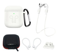 Silicone Case Set for AirPods 2 / AirPods 1 + Case / Ear Hook / Neck Strap / Watch Strap Holder / Carabiner - White