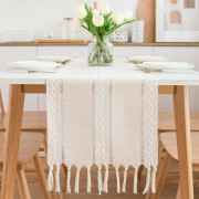 Beige bordslöpare, bordslöpare i lantlig stil med tofsar 228x32cm