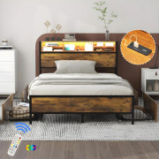 LED-Bett mit USB-Ladeanschluss, Juniorbett mit 4 Schubladen für Erwachsene und Junioren, Staufunktion, Metall, Braun