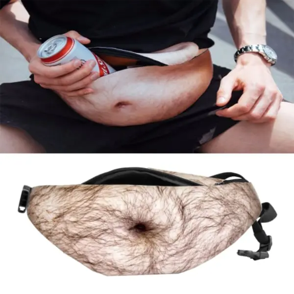 Kreativa roliga anti-trakasserier konstgjorda håriga mageformade utomhusväskor, multifunktionella bärbara unisex sportmage midjeväska