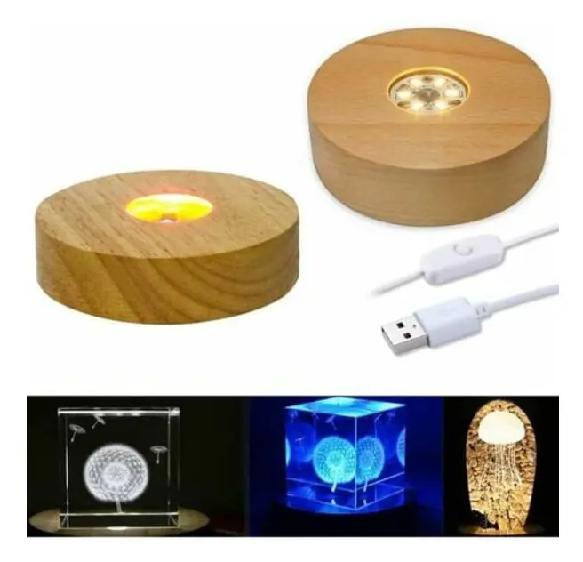 LED-ljusbas i trä, rund LED-ljusbas i färg + varmt ljus, USB-driven skrivbordsdisplay (2-pack)
