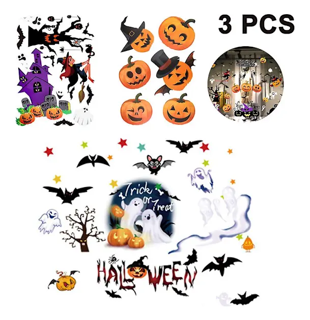 3 set Halloween fönsterdekaler fladdermus katt häxa spöke pumpa väggdekaler fönsterdekaler