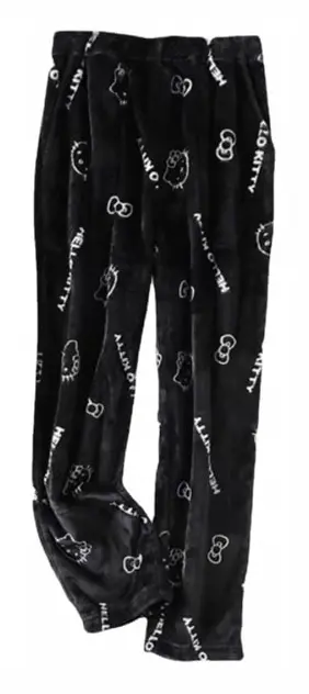HelloKitty Flanell Pyjamas med Tecknat Mönster, Plysch och Tjock Isolering för Kvinnor - Svart - Vit Svart - Vit