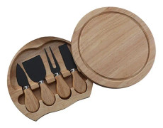 4pcs /Set Round Oak Box Cheese Knife Spatula Stainless Steel Cheese Tools Cutlery, Color: Black