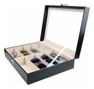 Glasögonfodral, rymmer 8 par glasögon, förvaring och presentation av glasögon, svart syntetiskt läder 33,7 x 24,5 x 8,4 cm (8 fack)
