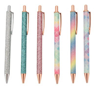 6 st glitterkulspetspennor guld klick kulspetspenna metall glitterpenna infällbar svart bläck medium