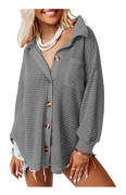 Waffle-stickad Knappskjorta Långärmad Fickdesign Båge Oregelbunden Kant Lös Oversized Shacket Topp för Vår Höst