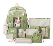 Ryggsäck med söta hängen, 5-delad Kawaii skolryggsäck set flickor, student skolväska vacker ryggsäck, stor Harajuku canvas skola