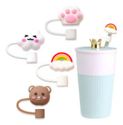 4 st sugrörsskydd, söta sugrörsskydd i silikon, återanvändbara dammsäkra sugrörsskydd, sugrörsskydd (Moe Paw + Bear + Rainbow +