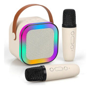 Bärbar Karaokemaskin med Bluetooth-högtalare & 2 trådlösa mikrofoner [ZHE] Off-white