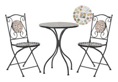 Bistroset med 2 Fällbara Stolar och Bord Svart Metall Fällbara Snidade Ryggstöd Mosaikplattor Mönster Vintagstil Trädgård Uteplats
