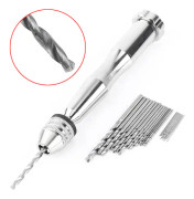 Silverfärgad handvridborr med chuck med 0,3 mm-3,6 mm spännvidd och 25 HHS-borrar för träborrning
