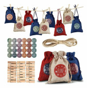 Övriga juldekorationer - 24 st julnedräkningskalenderpåse, adventskalender dragsnöre presentpåse med nummerklistermärken, klämmor, födelsedagssnöre