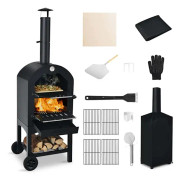 COSTWAY Outdoor Charcoal Pizza Ugn-Pizza Stone 30,5 cm Anti-skållningshandske, Vattentätt lock, 2 grillar, Dubbel termometer