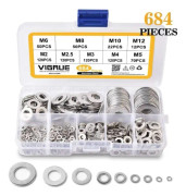 Distansbrickor - 684 brickor 9 storlekar Rostfria brickor och låsbrickor (M2 M2.5 M3 M4 M5 M6 M8 M10 M12) (Silver)