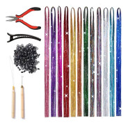 Hårglitter 47 tum 12 färger Glitterhår Extensions Glansigt Hårglitter Kit med Tång 2st Dragnål 200st Silikon