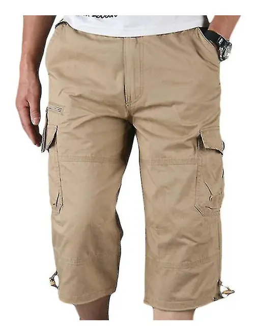 Herr 3/4 Lång Längd Elastiska Shorts Midja Cargo Combat Tre Kvarts Byxor Khaki 2XL