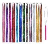 Glitter Tinsel Hår Extensions med Verktyg 12 Färger