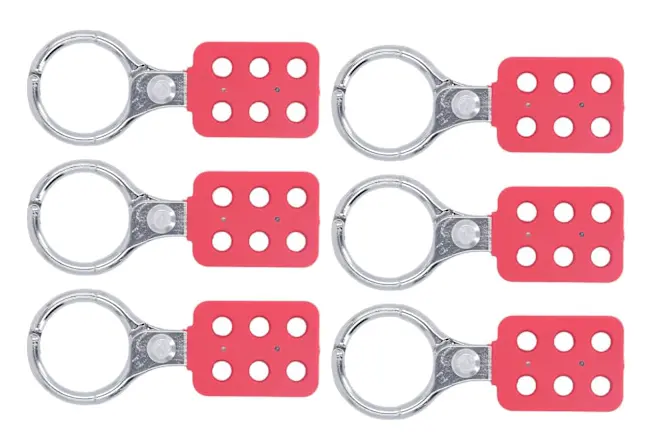 Säkerhetslås med spärr, 6-pack, gnistfri aluminiumlegering, säkerhetslås med 38 mm käftinnerdiameter för industriell lockout tagout
