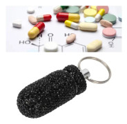 Kapsel förvaringslåda i aluminiumlegering, svart strass resemedicinflaska behållare med nyckelring