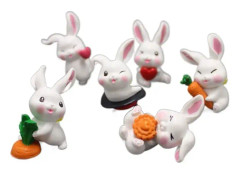 6 st miniatyrkaninfiguriner, harfigur av harts, miniatyrhare för älvträdgård