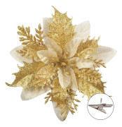 Set med 12 julblommor 14 cm med 12 klämmor 12 konstgjorda julstjärnor för julgran, festdekorationer Julgransdekoration (guld)