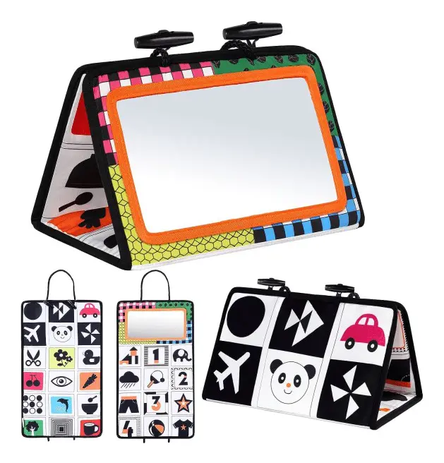 Tummy Time Mirror Mat för baby med svartvit aktivitetsdesign och sensoriska funktioner