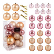 Set med 26 okrossbara julgranskulor i guld och rosa
