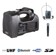 BE 1400 UHF PT BÄRBART PA-LJUD + USB + 1 HANDMIKROFON + 1 UHF-HUVUDBÅND BODY PACK