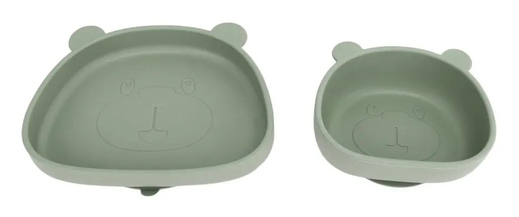 Babysugplattor Pandaformad Kraftfull sugsug i silikon Kidsugskål för kök Kylskåp Olivgrön skål och tallrik