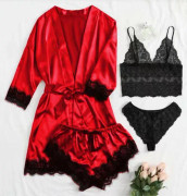 Dam 4-delad pyjamas set spets suspender pyjamas dam sommar kostym med nattlinne och nattklänning(xs)