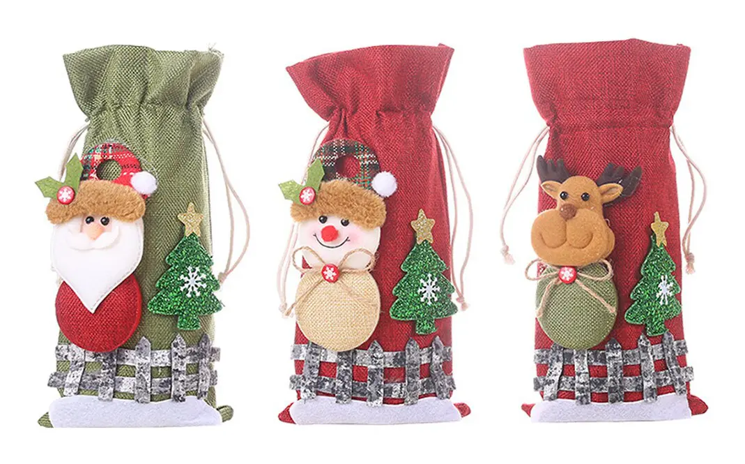 Julvinflaskapåsar Återanvändbar Burlap vinflaskapresent