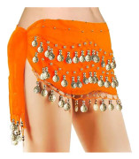 (Orange) Magdans Höftsjal, Dam Chiffon Magdans Sjal, 128 Mynt, Bra för Yogaklasser