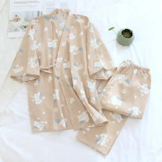 2024 Nya Sjuärmen Japansk Stil Kimono Pyjamas Set Kvinnlig Vår Och Höst 100% Bomullsväv Kläder Söta Söta Två-P 11 M