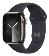 Apple Watch Series 9 (GPS + Cellular) 41 mm grafitfärgad boett i rostfritt stål och midnattsblått sportarmband, M/L (MRJ93)