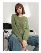 Zoki Kvinnor Söt Cardigan Tröjor Vintage Lång Ärm Casual Korean Elegant Stickade Toppar Coat Fall O Hals Design Lady Kardigan grön One Size