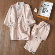 2024 Nya Sjuärmen Japansk Stil Kimono Pyjamas Set Kvinnlig Vår Och Höst 100% Bomullsväv Kläder Söta Söta Två-P 22 M