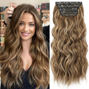 Hårförlängningar Mellanbrunt mix Karamellblond Clip in Syntetiska Slingor Hårförlängningar Långt Vågigt 4 Delar Tjocka Hårstycken 50 cm för Kvinnor