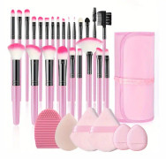 Professionell 30-delad set, 24-delad sminkborste set & 2-delad triangel sammet pulverpuff mjuk kosmetika & 1-delad sminkborste rengörare silikon rosa
