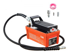 Lufthydraulisk pump, 10 000 PSI, 1/2 gal reservoar, NPT 3/8" oljeutlopp, fotmanövrerad för bilkarosserimaskiner, orange.
