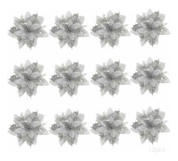 12 st Konstgjorda Julblommor, Julstjärna, Julblomma, Julgransdekoration, Konstgjorda Julstjärnor (Silver)