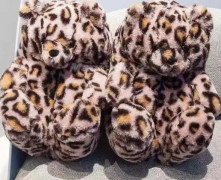 Mub- Teddy bear slipper Söta nallebjörn plyschtofflor för pojkar och flickor hem varma bomullstofflor Leopard print 36-41