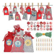 Julkalender-kit, gör adventskalender, gör-det-själv julnedräkningskalender i juteväv med dragsko för juldekorationer