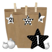 DIY adventskalender - 24 presentpåsar och 24 nummerklistermärken och häftklamrar - Motive Black Star - för fyllning och