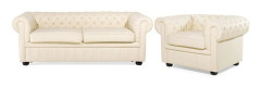 Chesterfield Soffgrupp Krämvit Läder Mörkt Trä Ben 3-sits Soffa + Fåtölj Modern