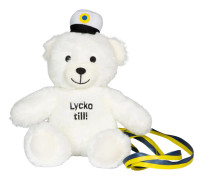 Grattis till Studenten - Lycka Till - Sittande Vit Teddybjörn med Gult och Blått Band och Mössa 18 cm
