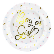 6 papperstallrikar vita med guldfärgad inskription "Boy or Girl?" (23 cm) - Gender Reval Party